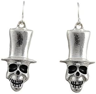 Skull with Top Hat Earrings - Silver Tone