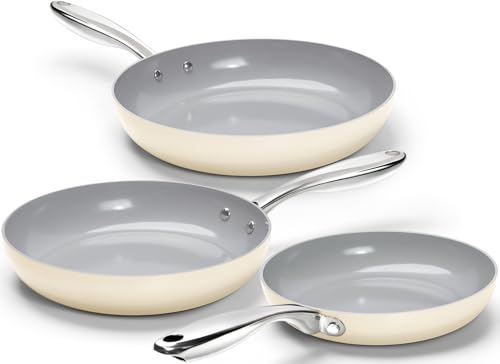 MICHELANGELO Non Stick Frying Pans Set - Ceramic Frying Pans, 8'', 9.5'' & 11'' Nonstick, Non-Toxic, Ceramic-Coated, Beige