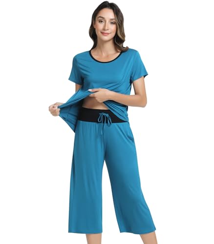 Image of NACHILA Bamboo Viscose Women's Pajamas Sets Short Sleeve Sleepwear and Capri Pants