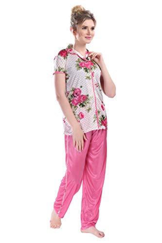 Image of Printed Night Suit for Women - Flower Print Satin Shirt and Pyjama Set (Front Open Collar Night Suit)