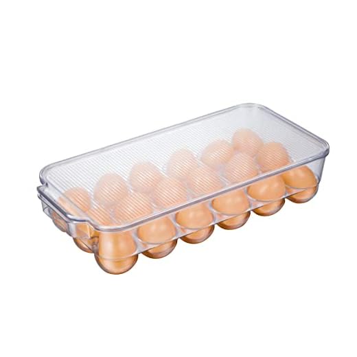JINAMART Stackable Plastic Egg Holder for Refrigerator, Fridge Fresh Eggs Organizer Tray with Lid & Handles, Deviled Egg Storage Drawer for Countertop, Containers, Stores 18 Egg, Clear (Set of 1)