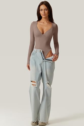 Image of QINSEN Women's Long Sleeve Bodysuit V Neck Body Suits Seamed Cup Going Out Tops Shirt