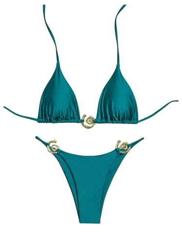 Milumia Women's 2 Piece Halter Tie Back Cheeky Swimsuit Metal Decor Triangle Thong Bikini Set