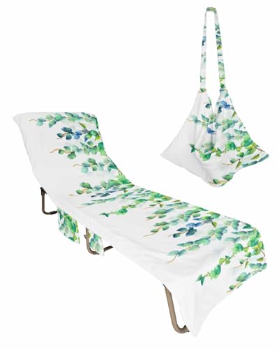 Green Botanical Beach Lounge Chair Towel Cover, Soft Chaise Lounge Towel with Side Pockets Patio Pool Chairs Cover for Beach/Pool Sunbathing 29x85 Summer Tropical Plants Teal Elegant