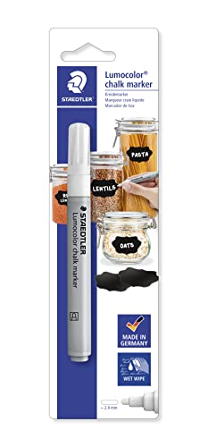 STAEDTLER Kreidemarker Lumocolor, weiß, deckend auf glatten Oberflächen, feucht abwischbar, Rundspitze, Linienbreite ca. 2,4 mm, auf Wasserbasis, chalk marker auf Blisterkarte, 344-0 BK