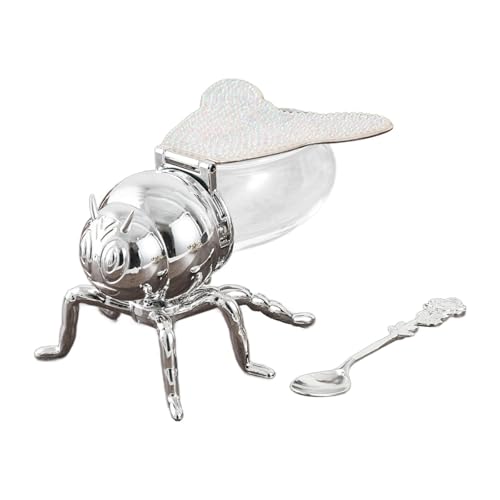 Qianly Bee Honey Jar with Spoon Condiment Pot Multifunctional Decorative Novelty Bee Seasoning Jar Sugar Pots Container for Parties, Argent