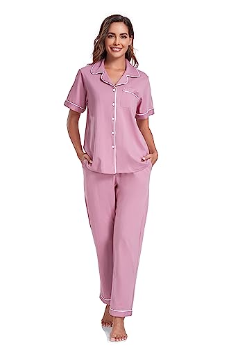 Image of COLORFULLEAF Women's 100% Cotton Pajamas Set Button Down Sleepwear Short Sleeve Shirt and Long Pants Soft Ladies Lounge Sets