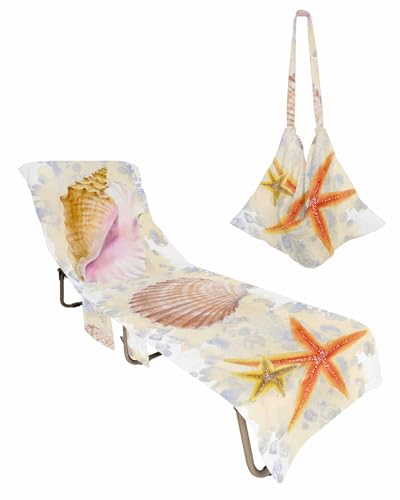 Coastal Beach Lounge Chair Towel Cover, Soft Chaise Lounge Towel with Side Pockets Patio Pool Chairs Cover for Beach/Pool Sunbathing 29x85 Nautical Starfish Shell Ocean Seaside Beach
