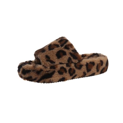 Women's Fuzzy Fluffy House Slippers Cute Leopard Plush Memory Foam Shoes Cross Band Indoor Outdoor Open Toe Sandals 4cm Thick Sole(36/37 EU, Style 2)