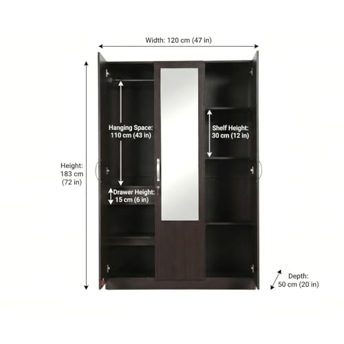 Image of HomeTown Allen Plus 3 Door Wardrobe Walnut (Brown) with Mirror | Wooden Almirah for Bedroom Storage | Modern 3 Door Closet Cabinet | Wardrobe Furniture India