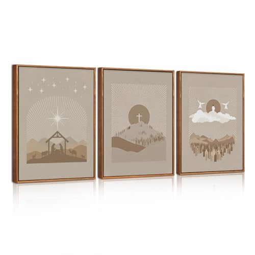 Celestdeco Gerahmte Jesus leinwand Bilder mit Rahmen,Religiöse Wanddeko für Wohnzimmer mit Bibelversen, Grau-Braune Wandbilder, Boho Wandkunst für Kirche Schlafzimmer 30x40cm