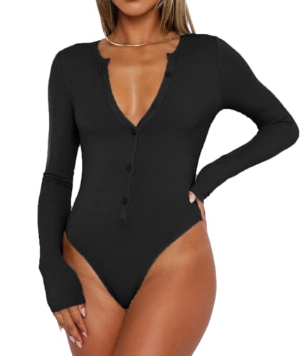 INFITTY Women Bodysuit Sexy Deep V Neck Button Down Long Sleeve Top 2024 Fall Trendy Thong Body Suits Outfits for Going Out2