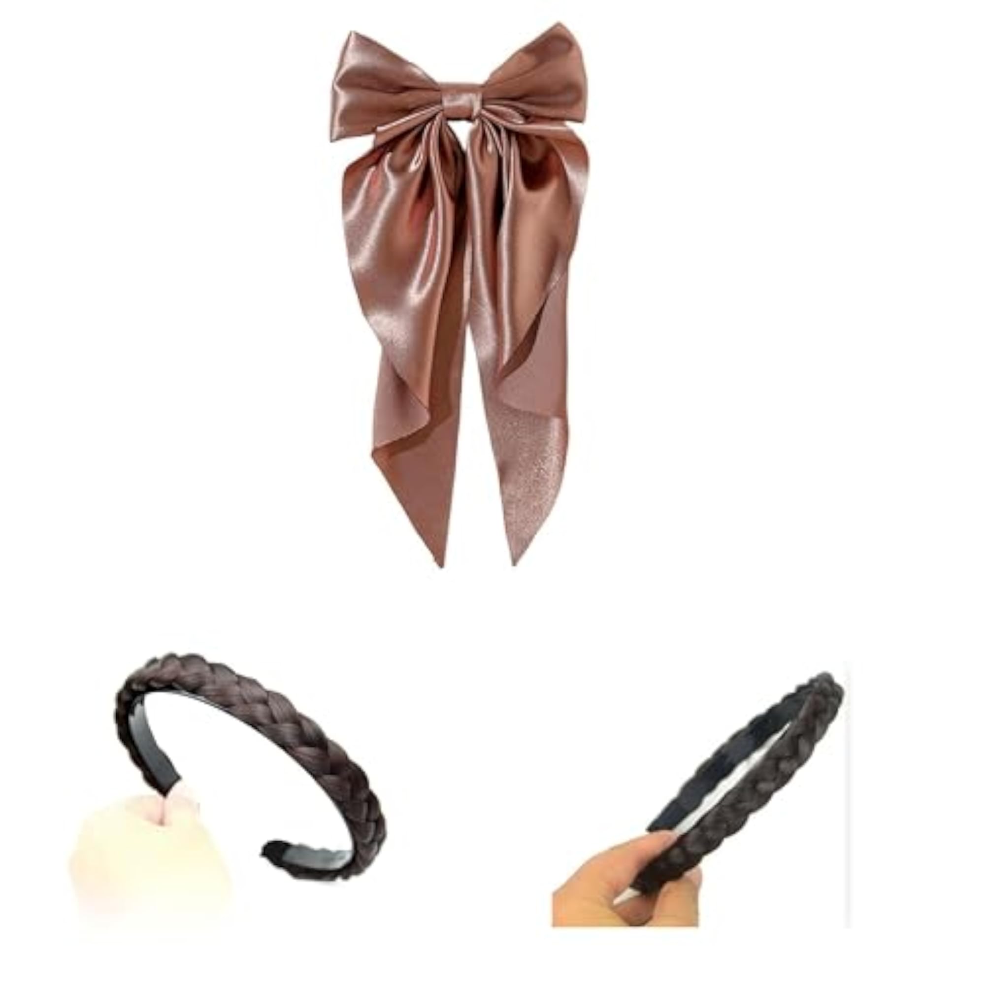 Women's Black Long Bow Clip Pin & Braided Headband Set of 3