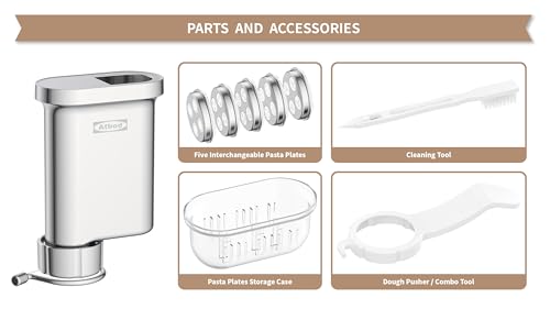 Metal Gourmet Pasta Press Attachment for Kitchenaid Stand Mixer, Pasta Maker Attachment with 5 Interchangeable Plates, Spaghetti Bucatini Fusilli Large/Small Macaroni