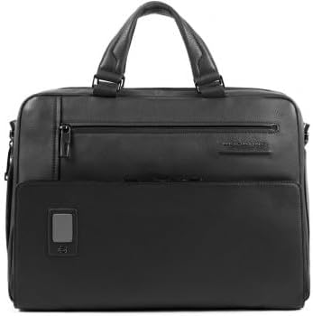 Piquadro Akron Mens Leather Briefcase Italian Calfskin Workbag with Laptop Compartment Black