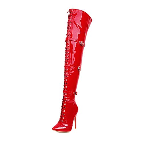 QZMX Women's Sexy Over The Knee Boots Lace Up Gladiator Boots Ladies Thigh High Boots Stiletto High Heels Zipper Black Red Evening Boots,EU 42,Red