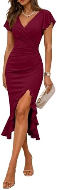 Women Sexy V Neck Short Sleeve Faux Wrap Ruched Bodycon Midi Ruffle Hem Cocktail Party Wedding Guest Dress