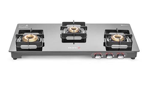 Image of Sujata Regal Manual Gas Stove 3 Burners Glass Top | 9 Years Warranty | Gas Stove with Jumbo Brass Burners | SABAF Technology | ISI Certified | LPG & PNG Compatible | 360 Rotating Brass Nozzle (Black)