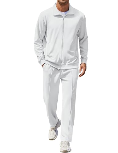 COOFANDY Mens Casual Track Suits 2 Piece Set Jacquard Sweatsuit Outfits Athletic Warm Up Suit White Zip Up Tracksuit