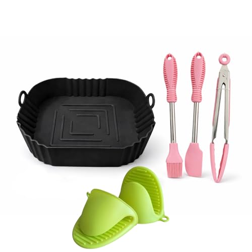 ZORZOP 2 PCS Square Silicone Air Fryer Liners with 1 Pair of Oven Mitts, 1 Basting Brush and a 1 Tongs, Reusable Silicone Molds Air Fryer Accessories, Oil Brush, Replacement of Parchment Paper