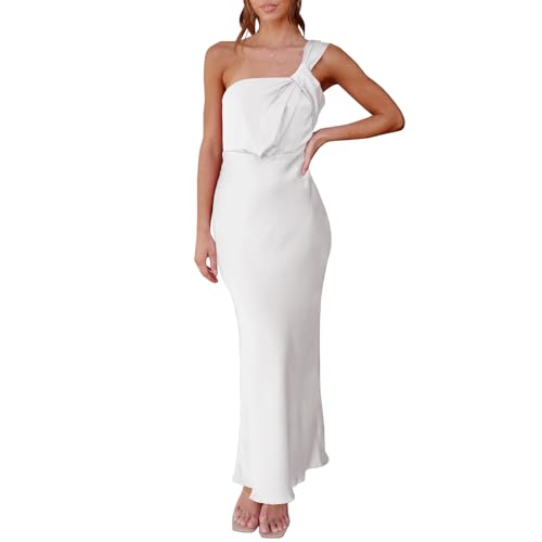 Mulheres 2024 Verão Cetim Ruched Bodycon Vestido Sem Mangas Um Ombro Belted Cocktail Vestido Midi,Wh