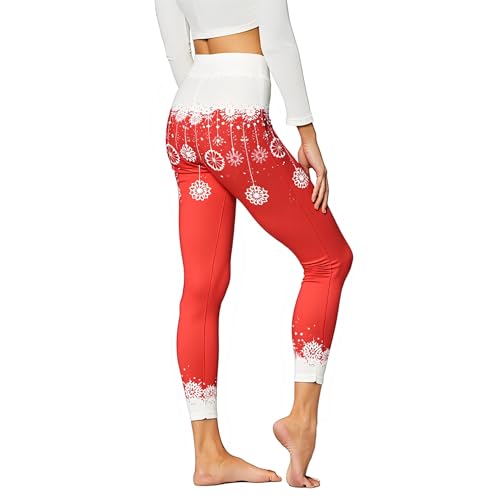 Womens Christmas Leggings with Snowflake Print Festive Red Holiday Tights for Women Soft Stretchy Yoga Pants & Loungewear Bottoms(Xmas-red1 L)