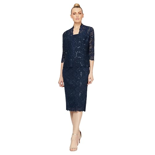 Image of S.L. Fashions Women's Tea Length Sequin Lace Mother of The Bride Dress with Illusion Sleeve Jacket