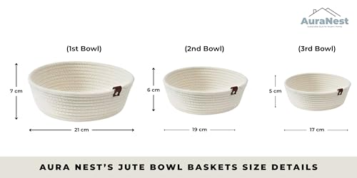 Image of AuraNest White Jute Rope Storage Baskets Set of 3, Small Cotton Rope Baskets for Organizing, Decorative Woven Nesting Bowls for Bathroom, Nursery, Shelf, Kitchen Storage Bins
