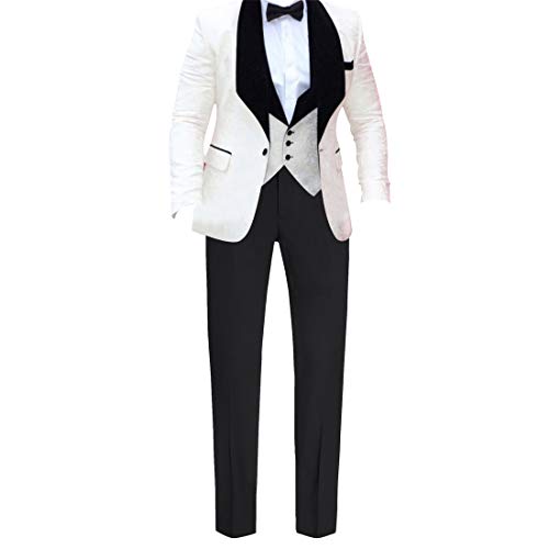 HBDesign Mens 3 Piece 1 Button Black Shawl Lapel Ivory White Pattern Suits