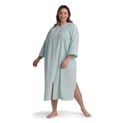 Image of Miss Elaine Long Seersucker Women's Robe, Pockets and Zipper with Front Embroidered Trim, Sleepwear & Loungewear