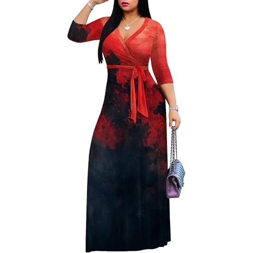 Image of PinkPatty Women's Print Maxi Dresses 3 /4 Sleeve Flowy Long Dress V Neck Wrap Tie Waist Sundress