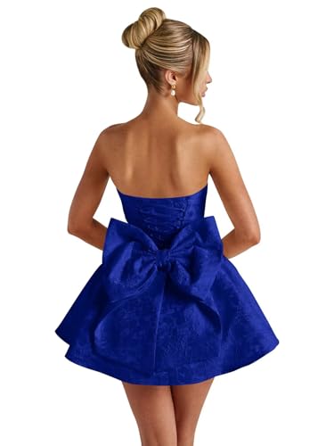 Image of Basgute Floral Jacquard Satin Short Homecoming Dresses for Teens A Line Strapless Formal Prom Evening Gown with Bow