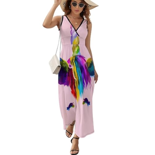 Robe maxi col V imprimé licorne colorée sans manches style décontracté