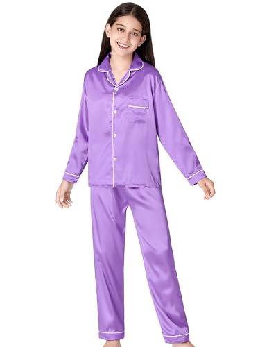 Beezizac Little & Big Girls Pajama Set Size 6-16 -Pink/Blue/Turquoise/Peach Satin Silky Cute Fall Winter Long Outfit3