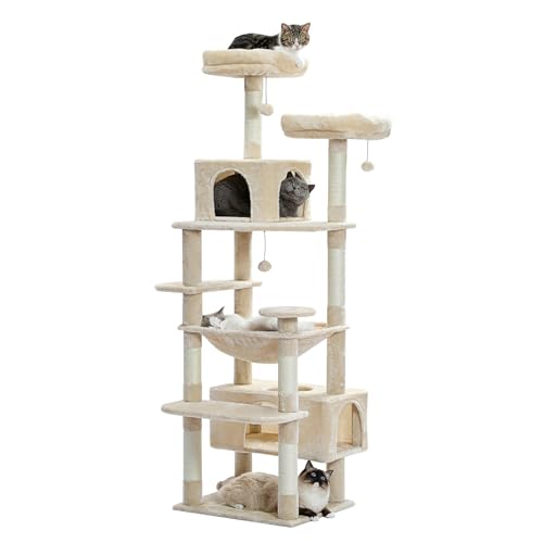 PETEPELA(ぺテぺラ) キャットタワー 大型猫用 猫タワー スリム コンパクト 多頭飼い 据え置き型 ハンモック 麻紐爪とぎポール 猫おもちゃ 転倒防止ベルト付き 展望台 猫ベッドカバー取り外し可能 運動不足解消 人気 - 180cm ベージュの商品画像（Amazon）