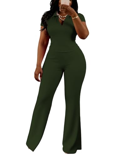 HBQ Womens 2 Piece Outfits Slim Fit V Neck Polo Top Flare Pants Short Sleeve Casual Matching Set-Army Green-L