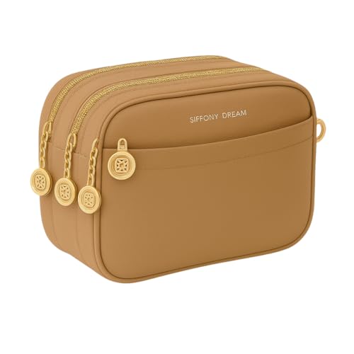 Bolsa Feminina Tiracolo Pequena 3 Zíperes Couro Sintético QUBCCUM (Cáqui)