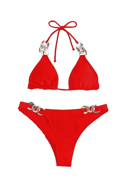styledose Chic Triangle Halter Bikini Set with Chain Ring Detail - V-Neck & Tie-Back Design - Women’s Elegant Beachwear Swimwear Red-picture-39