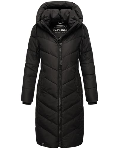 Navahoo Damen Wintermantel Warmer Langer Steppmantel mit Abnehmbarer Kapuze Sahnekatzii XIV Black Gr. M