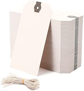 WUWEOT 200 Pack 12 x 6cm Shipping Tags with String, Blank Paper Tags with Reinforced Hole, for Arts & Craft, Luggage Label, Weddings, Valentines & Birthday, Manila