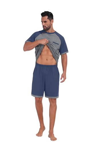 Mens Pajamas Set Lightweight Nightwear Summer Pjs Sleepwear Soft Short Sleeve Loungewear Printing With Pocket3