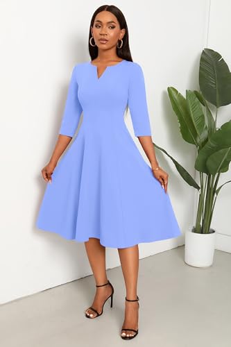 Image of Nmoder Midi Dresses for Women A-Line Fit and Flare Dress 3 /4 Sleeve V Neck Cocktail Wedding Guest Work Dress with Pockets