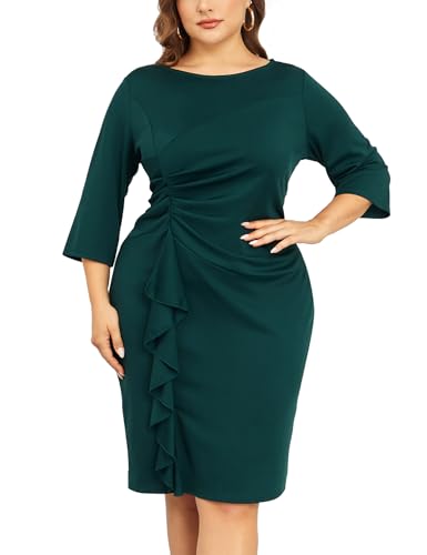 ZOMVA Plus Size 1X-4X Women's Bodycon 3/4 Sleeve Ruffle Midi Dress Vintage Crew Neck Pencil Dress Work Cocktail Formal