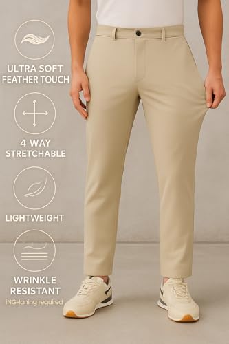 Image of SaintX Men's Premium 4-Way Stretchable Formal Summer Pants | Stylish Slim Fit Multi-Purpose Athleisure Trousers | Business Casual Office /Anytime Wear | Ultra Soft Feather Touch Sunscreen Fabric