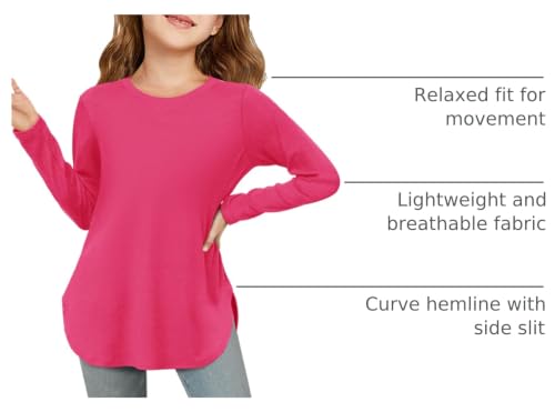 Image of Haloumoning Girls Long Sleeve T Shirts Kids Crewneck Tops 5-14 Years | Solid Color, Casual Loose Fit, Basic Tees, Curve Hem, Side Slit, Soft Tunic Tops, Fashion Clothes