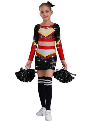 Hedmy Disfraz Porrista Niña Uniforme Cheerleading con Crop Top de Manga Larga + Falda Danza con Calcetines de Tubo a Rayas y Pompones y Coletero Traje de Animadora Rojo Negro 7-8 años