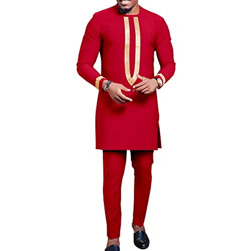 African Clothing for Men Full Sleeve Embroidery Shirts and Pants 2 Pieces Outfits Plus Size African Suit Red Medium