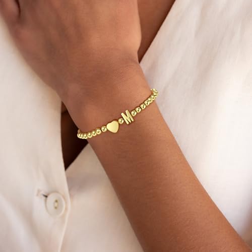 Gold Initial Bracelets for Women Girls - 18K Gold Plated A-Z Heart Initial Bracelet Dainty Beaded Bracelet Gold Bracelets for Women Teen Girl Gifts Trendy Stuff3