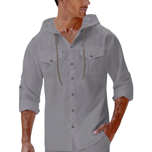 Top hombre fitness ligero contra el calor en camisa de botones con capucha y mallas gris XL 3