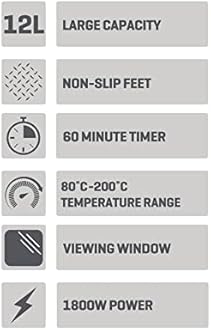 Daewoo Manual Air Fryer, Accessories Included, Rotisserie Stick And 3 Trays For Cooking, Bake, Roast And More With Viewing Window, 60 Minute Timer, Promotes Healthy Eating, Family Sized, 12 Litres